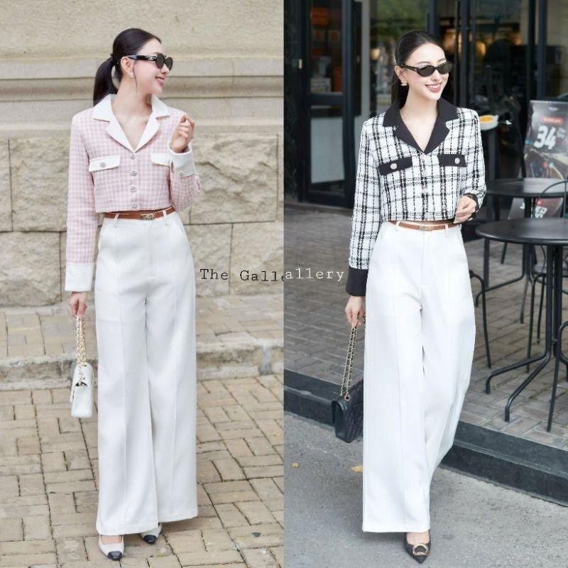 Cr. (พร้อมส่ง) The gallery56 57 ชุดเซ็ตเสื้อครอปแขนยาวผ้าทวิต+กางเกงขายาว+เข็มขัด Cr.shop