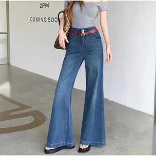 S-6XL กางเกงยีนส์ขาบานสไตล์อเมริกันสำหรับผู้หญิง ขาบาน เอวสูง ทรงเกือกม้า กางเกงขายาวเข้ารูปและหลวม