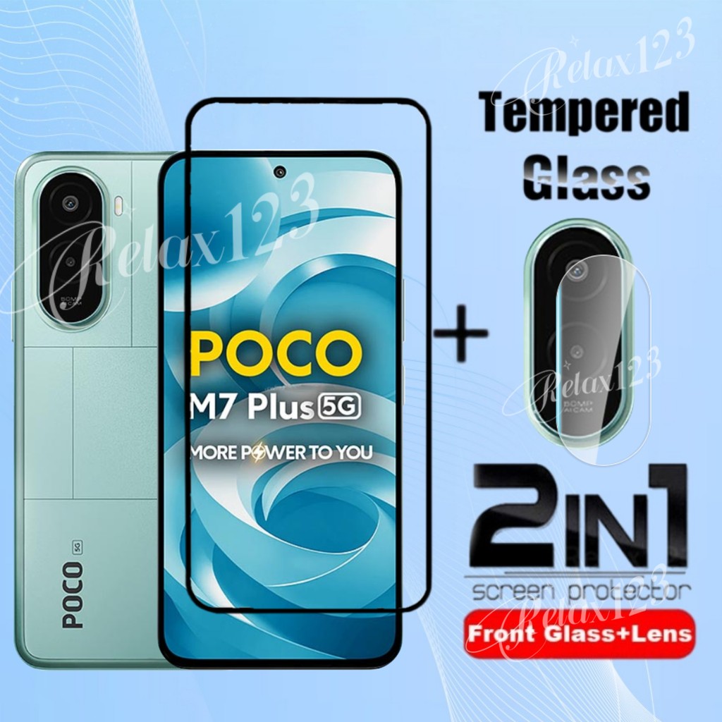 สําหรับ Poco M7 Plus 5G 2025 2IN1 Full Screen Protector กระจกนิรภัยสําหรับ Xiaomi Poco M7 4G Poco M7