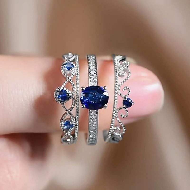 Metmejiao 14k ทองคําขาวเจ้าหญิงตัด Solitaire CZ แหวนหมั้นแต่งงานชุดมงกุฎจําลอง Blue Sapphire 925 เงิ