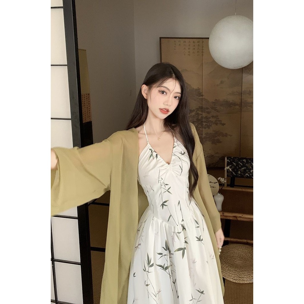 ขนาดใหญ่ไขมัน MM ใหม่สไตล์จีน Halter คอดอกไม้ Retro แคบ-เอวชุด Slimmer ดูครีมกันแดดเสื้อผ้าชุดสองชิ้