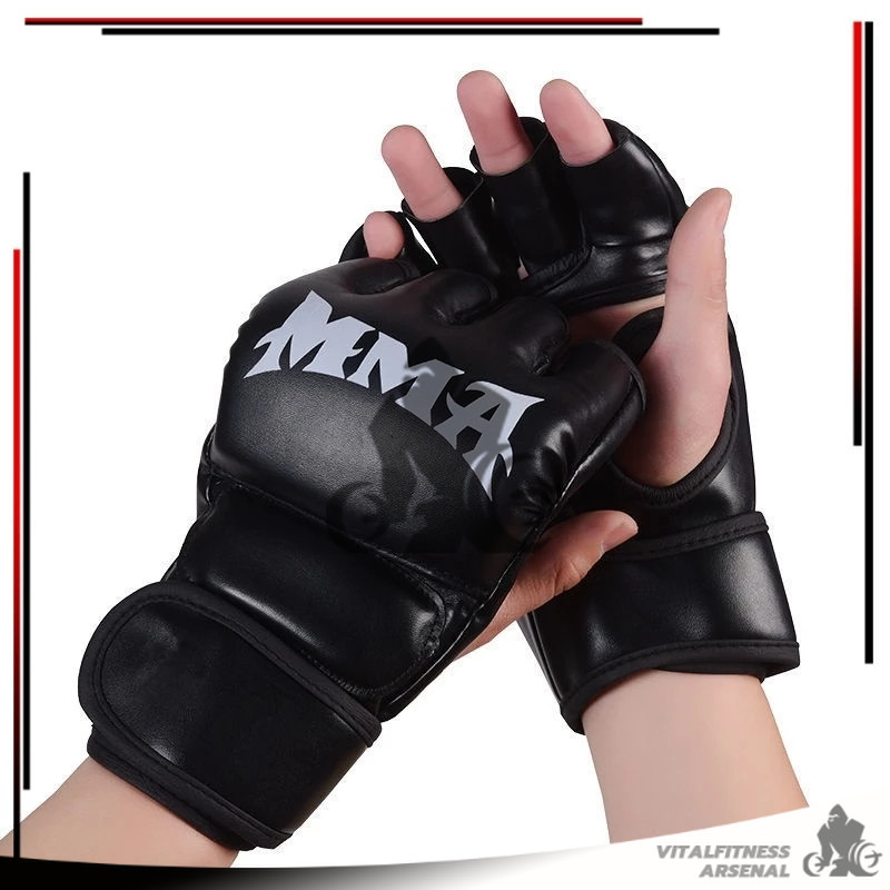 นวมชกมวย MMA นวมครึ่งนิ้ว ถุงมือต่อสู้ นวมม ฝึกซ้อมมวย boxing gloves อุปกรณ์ชกมวย สีดำ/แดง วัสดุอย่างดี (1 คู่)