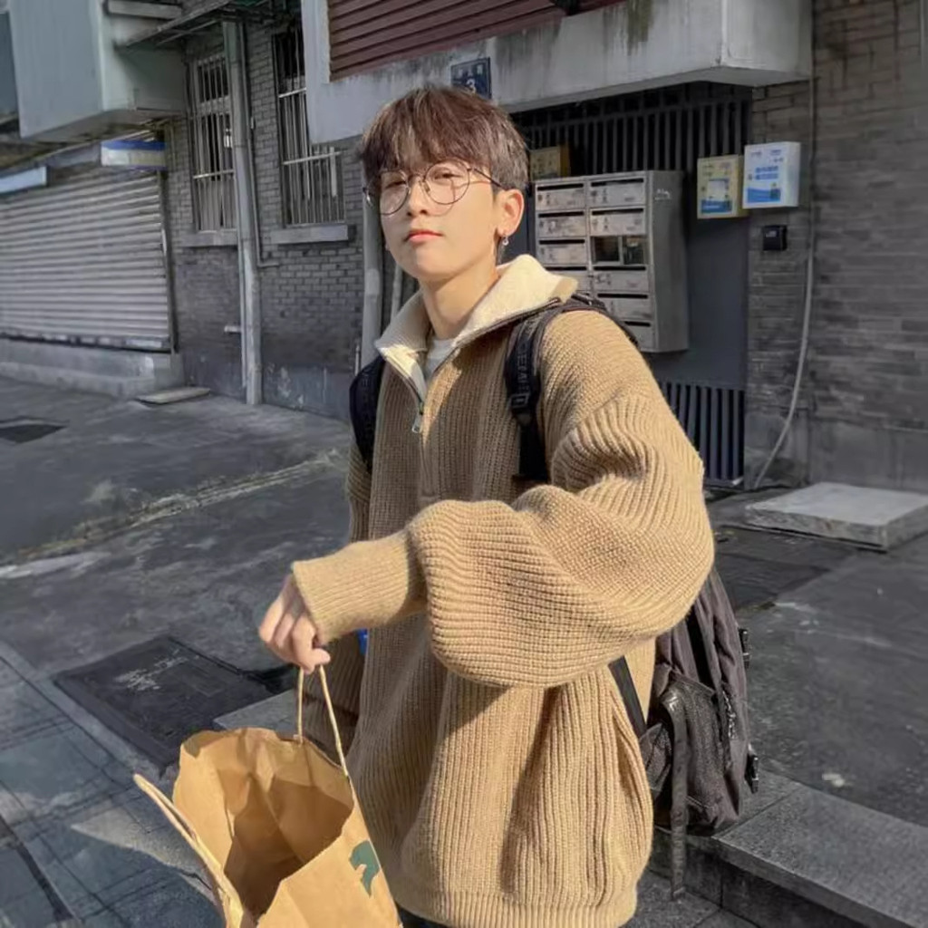 Ivm ครึ่งคอเต่าซิปเสื้อกันหนาวผู้ชายฤดูใบไม้ร่วงฤดูหนาวอเมริกันย้อนยุคถนนสวมหลวมสบายๆสไตล์ขี้เกียจเส