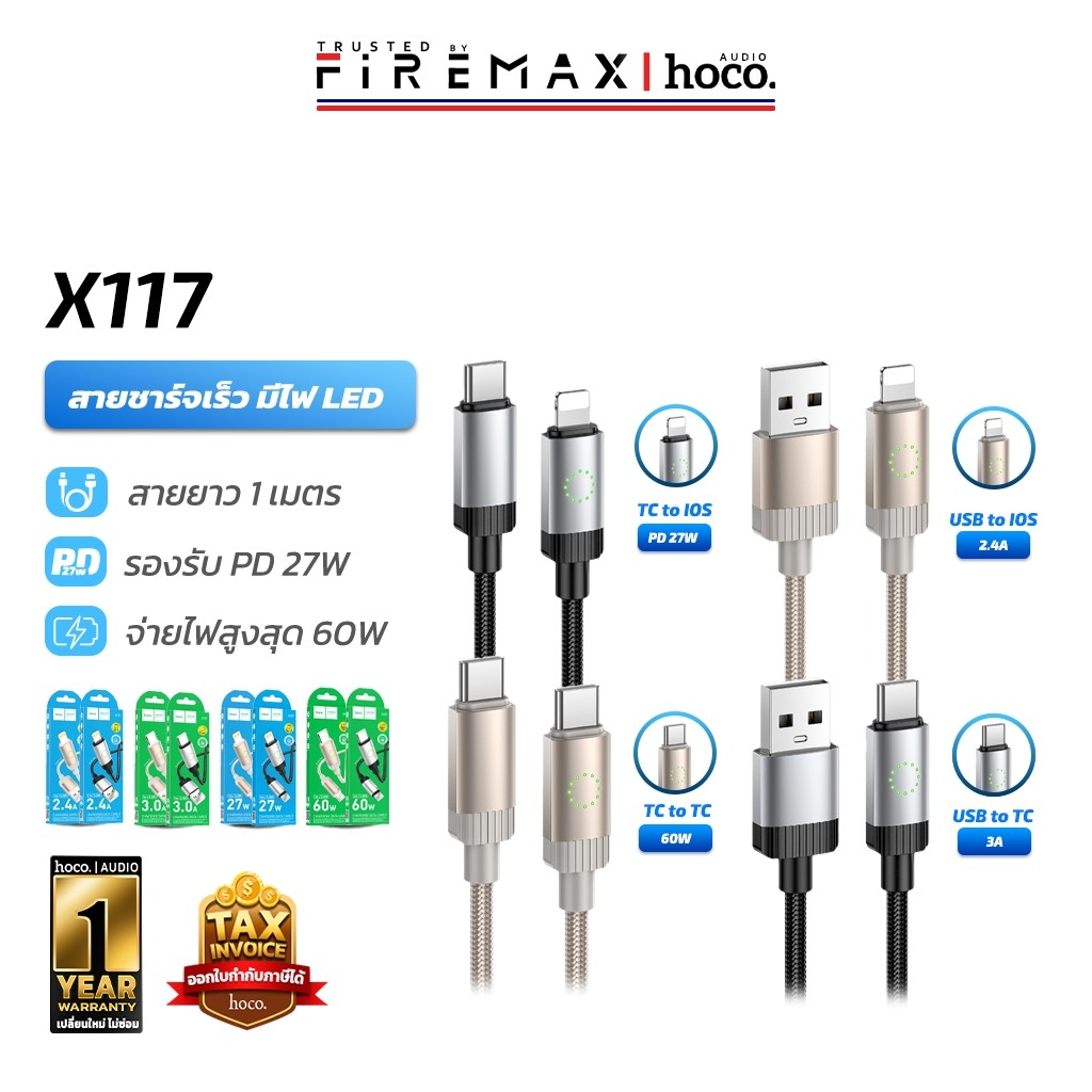 HOCO X117 สายชาร์จเร็ว มีไฟ LED บอกสถานะ PD 27W / TC-TC 60W / Type-C / iOS ถ่ายโอนข้อมูลได้ hc1