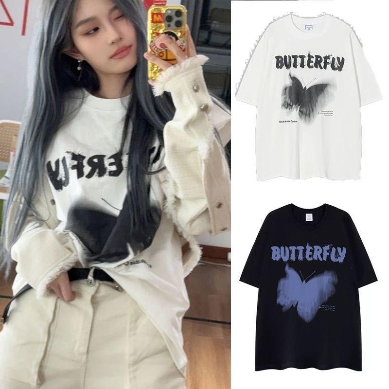 จุดSNH48王同款潮流印花短袖夏季棉เสื้อยืด美式复古宽松百搭新款上衣SNH48 Wang Yiผีเสื้อพิมพ์แขนสั้น