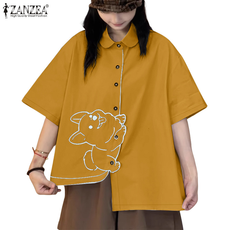ZANZEA ผู้หญิงเกาหลีสตรีทอินเทรนด์ปก Raglan แขนสุนัขลายพิมพ์ไม่สมมาตรเสื้อ