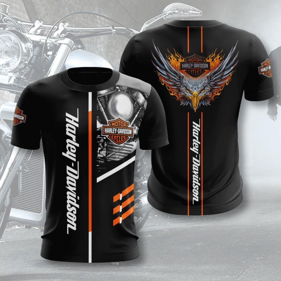 เสื้อยืดแขนสั้นคอกลมผู้ชาย ลายโลโก้รถ Harley-Davidson สไตล์ดิจิตอลพริ้นท์