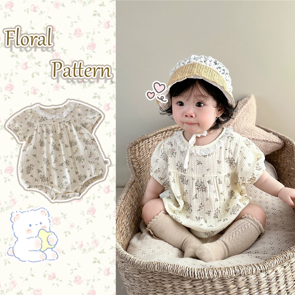 Ins ฤดูร้อนทารกแรกเกิดสาว Romper เด็กสาวประณีตดอกไม้รูปแบบลูกไม้ Neckline ตกแต่ง Apricot นุ่มแขนสั้น Jumpsuit ทารกบอดี้สูทเสื้อผ้าเด็ก 0-24 เดือน