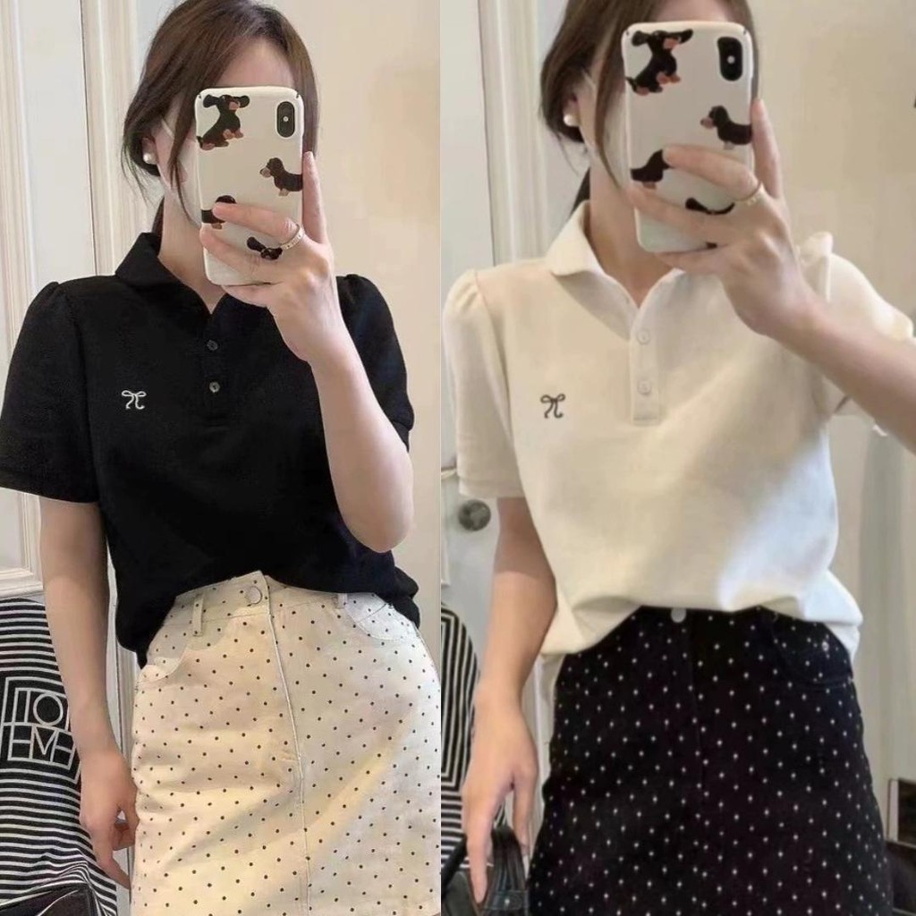 เสื้อยืด คอปก ปักโบว์ แขนตุ๊กตา อกใหญ่ ผ้ายูนิ เกรด A เนื้อผ้านุ่ม น่ารักมากๆ A21 Chom KOB FTP84