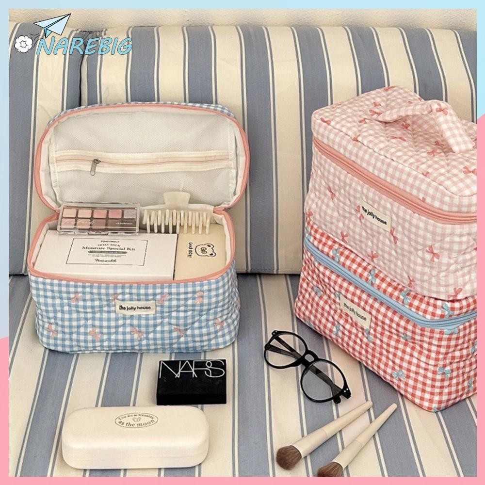 ( Narebig ) Checkered Cute Bow Travel Makeup Pouch with Zipper Makeup Organizer Storage Bag Cosmetic Organizer Case for Women and Girls