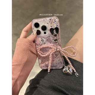 Huiwanju love bow จี้สําหรับ iPhone15ProMax สําหรับ iphone 14 เคสโทรศัพท์มือถือ 13 รวมทุกอย่างซิลิโคนระลอกน้ํา 12 สาว 11 ฤดูร้อน anti-drop เคสป้องกัน
