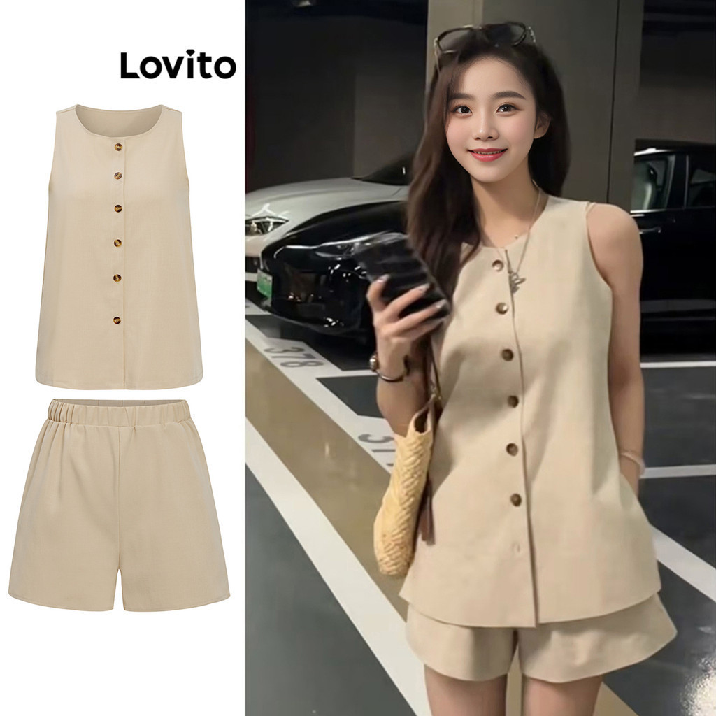Lovito ชุดเซ็ทกางเกงขาสั้นผู้หญิง มีกระดุมหน้า สีพื้น สไตล์ลำลอง L91AD420