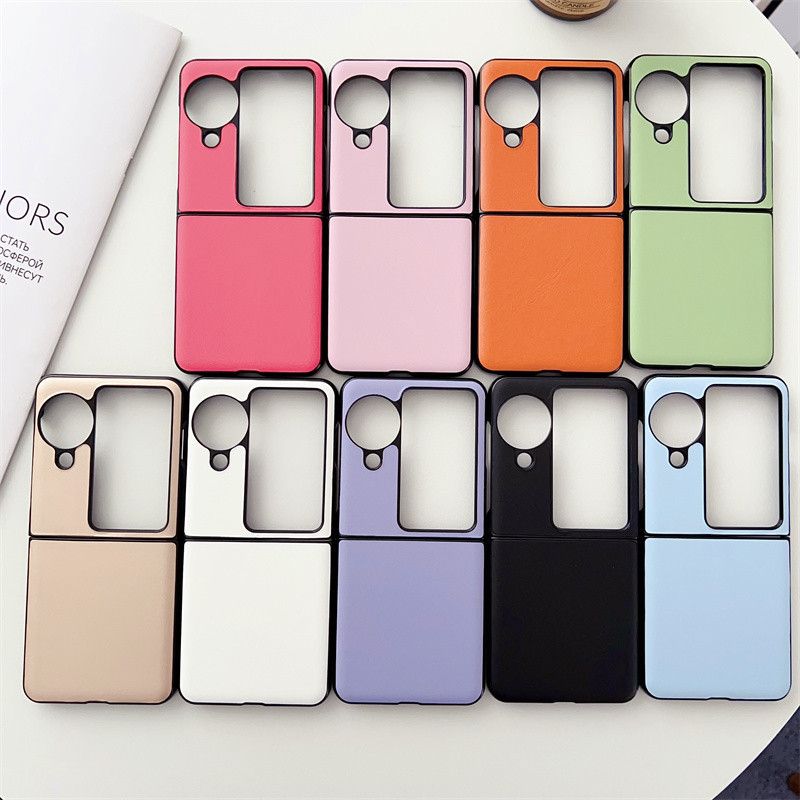 สําหรับ OPPO Find N3 Flip เคสโทรศัพท์แบบพับได้สีทึบคลาสสิกพร้อมฝาครอบป้องกันลายหนัง PU คุณภาพสูง