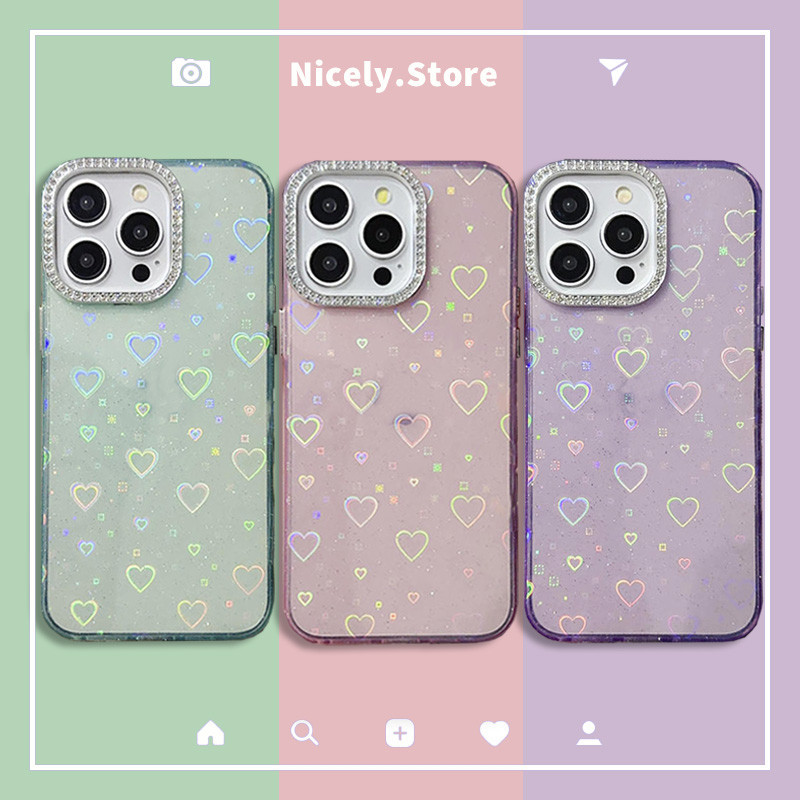 เลเซอร์ที่ไม่ซ้ํากันหัวใจรักเพชรเลนส์กรอบเคสโทรศัพท์เข้ากันได้สําหรับ ไอโฟน 16 15 14 13 12 มือโปร สูงสุด 11โปรแม็กซ์ กันกระแทกอะคริลิฮาร์ดปกหลังปลอก