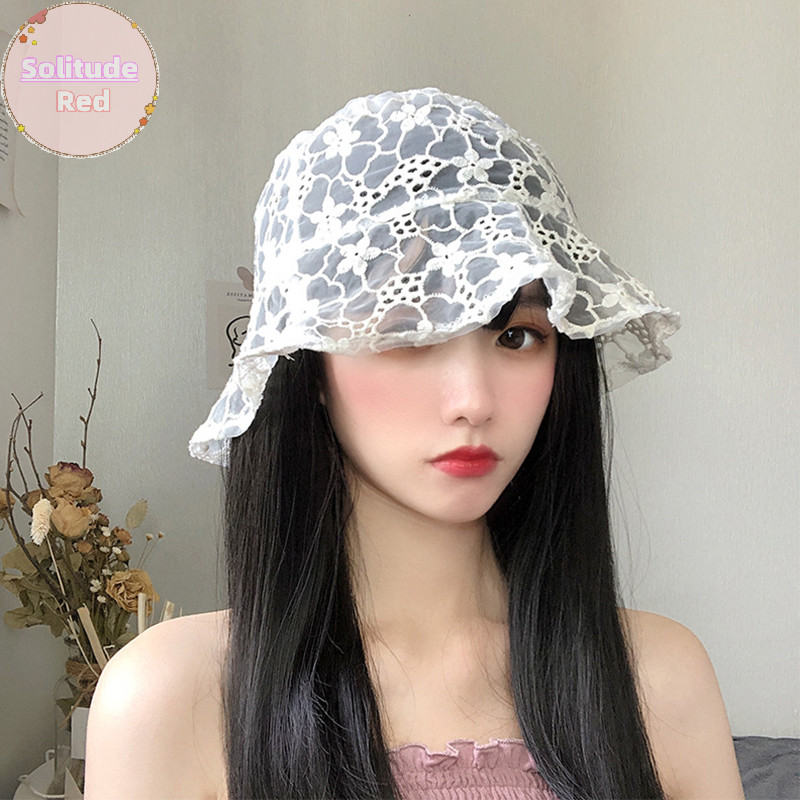 ความยุ่งเหยิง หวานน่ารักลูกไม้หมวกกลวงดอกไม้ถังหมวกแฟชั่นผู้หญิงหมวกชาวประมงหมวกระบายอากาศหมวกบังแดด ไทย