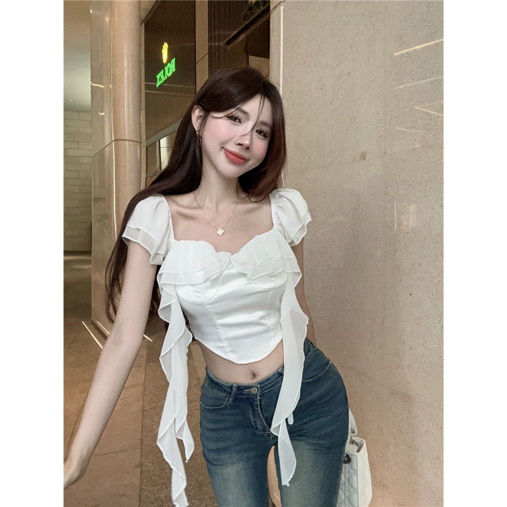 N-Yoda เสื้อเชิ้ตแขนสั้นเย็บไหล่เดียวสไตล์ใหม่เสื้อตัวสั้นเข้ารูป