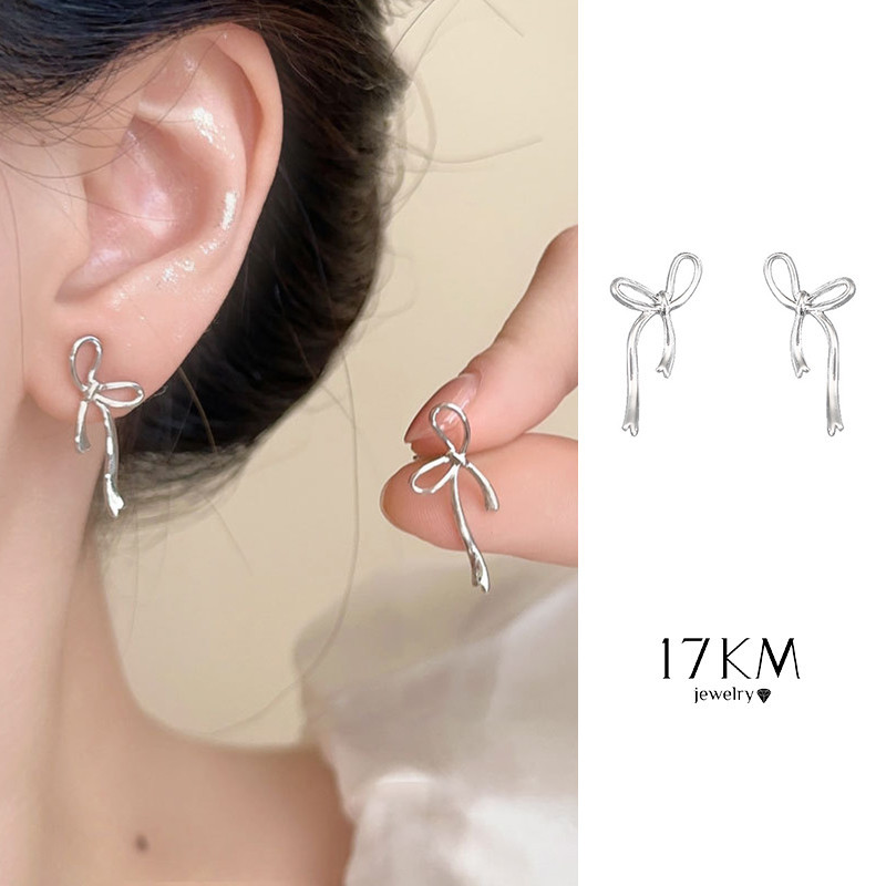 17กม เส้นโบว์ต่างหูเรียบง่ายต่างหูสตั๊ดเงินสําหรับผู้หญิงเครื่องประดับอุปกรณ์เสริม