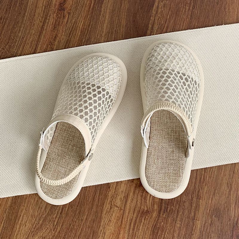 รองเท้าแตะผ้าลินินผู้หญิงสไตล์ใหม่สองสวม Soft-Soled Toe-Covered รองเท้าแตะครึ่งสวมใส่ด้านนอกตาข่ายระบายอากาศ