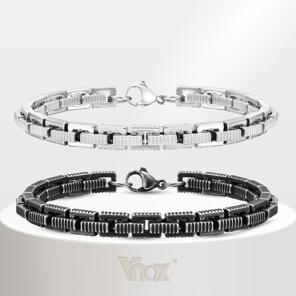VNOX วีน็อกซ์ สร้อยข้อมือสี่เหลี่ยมสร้อยข้อมือสีเทาย้อนยุคสําหรับผู้ชายบอย,สแตนเลสที่เรียบง่ายสบายๆเย็นเครื่องประดับของข