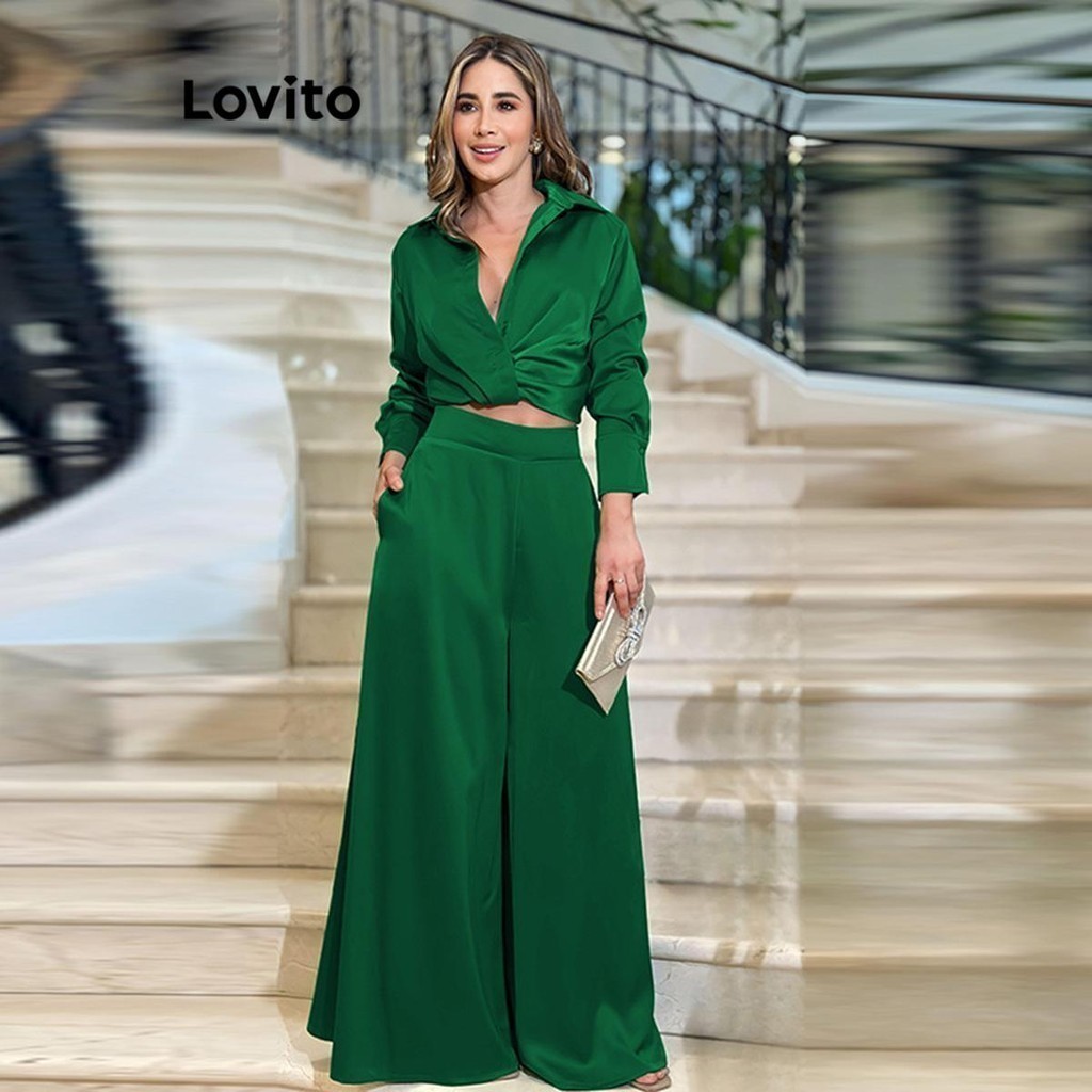 Lovito ชุดเซ็ทกางเกงขายาวผู้หญิง เบสิก สีพื้น สไตล์ลำลอง LNL57227