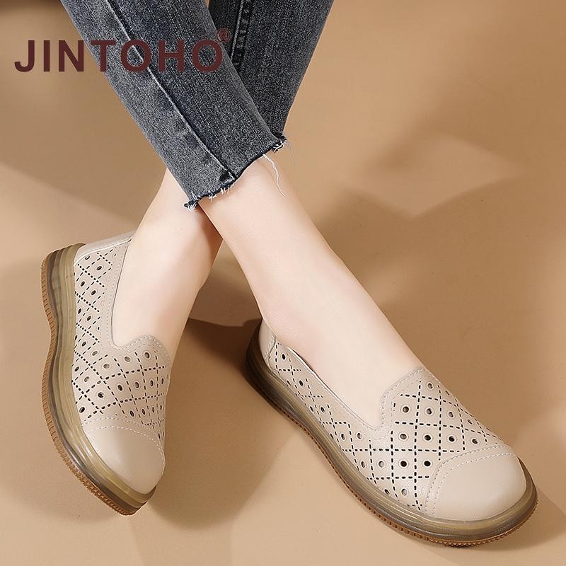 Jintoho Hollow Out Flats รองเท้าผู้หญิงลื่นบนรองเท้าพยาบาลลําลองฤดูร้อนรองเท้าไม่มีส้นรองเท้าหนังหญิง