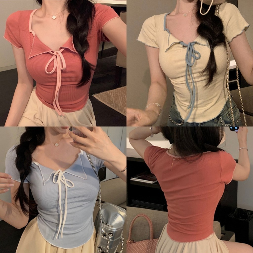 Bonnie ​เสื้อยืดแขนสั้น คอวี สลิมฟิต ดีเทลแต่งผูกโบว์ เสื้อยืดผู้หญิง หลากสี ใส่สบาย แฟชั่น สไตล์เกาหลี#FY8K97