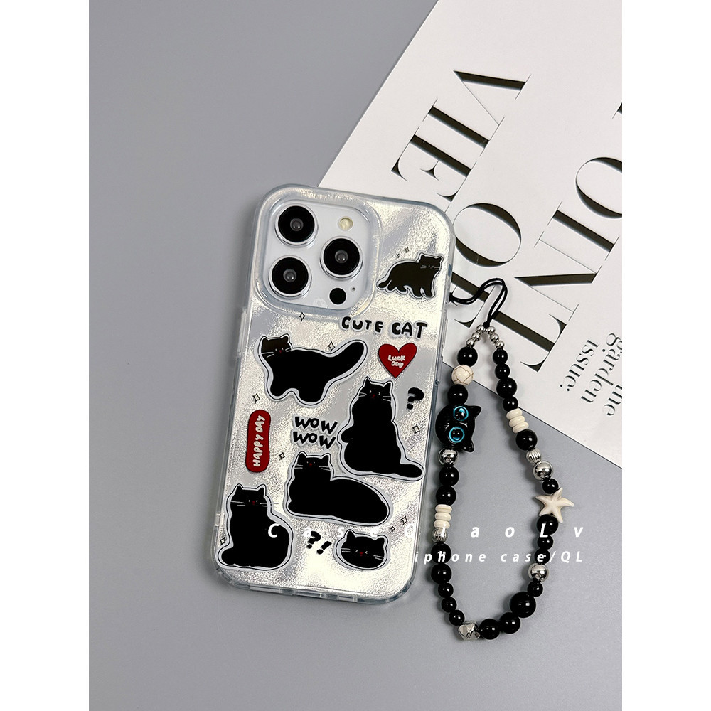 หุยวานจู แมวสีดําตัวเล็กเรียบง่ายเหมาะสําหรับ ไอโฟน15 เคสโทรศัพท์มือถือ ไอโฟน15 ใหม่ 13 ความรู้สึกขั้นสูง 14โปรแม็กซ์ เคสป้องกัน 12 เข็มขัดป้องกันการหล่นโซ่เชือก