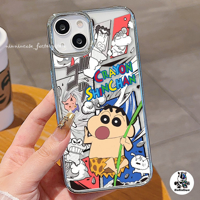For เคสไอโฟน11 13 ลายการ์ตูน Shin-chan Plating เคสโทรศัพท์ For iPhone 11 12 13 14 15 Pro Max X 7 Plus XR เคส ซิลิโคนนุ่ม