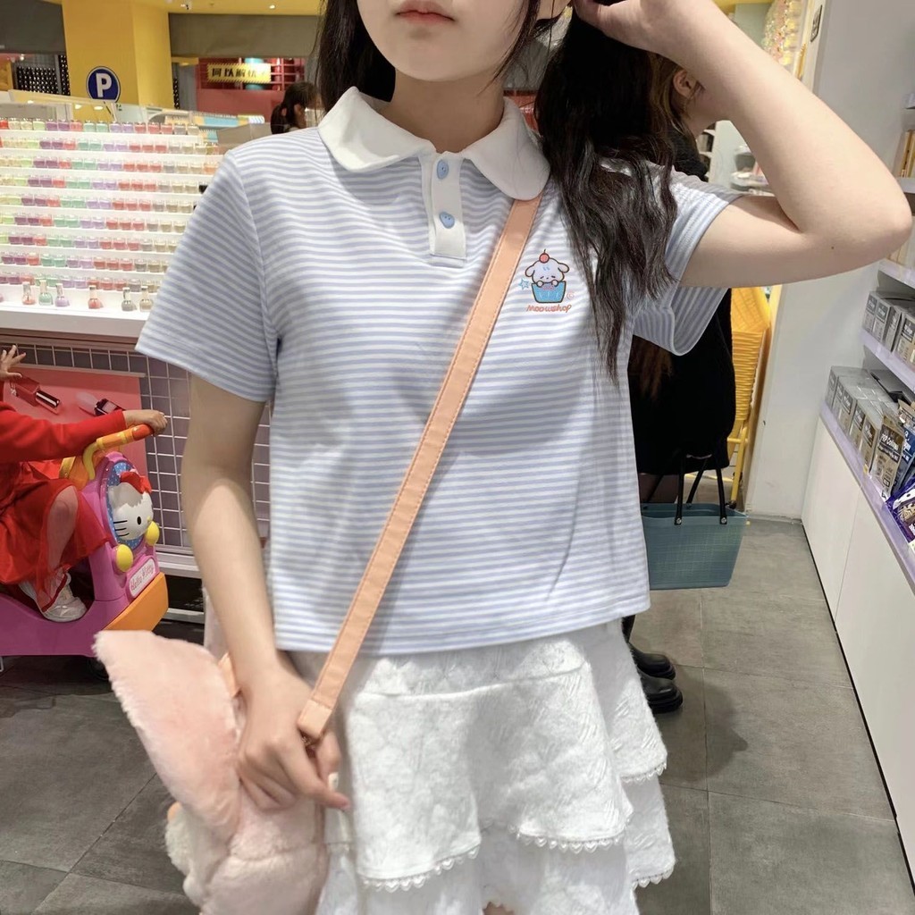 เสื้อโปโลแขนสั้นหวานลายลูกสุนัขน่ารักของผู้หญิง