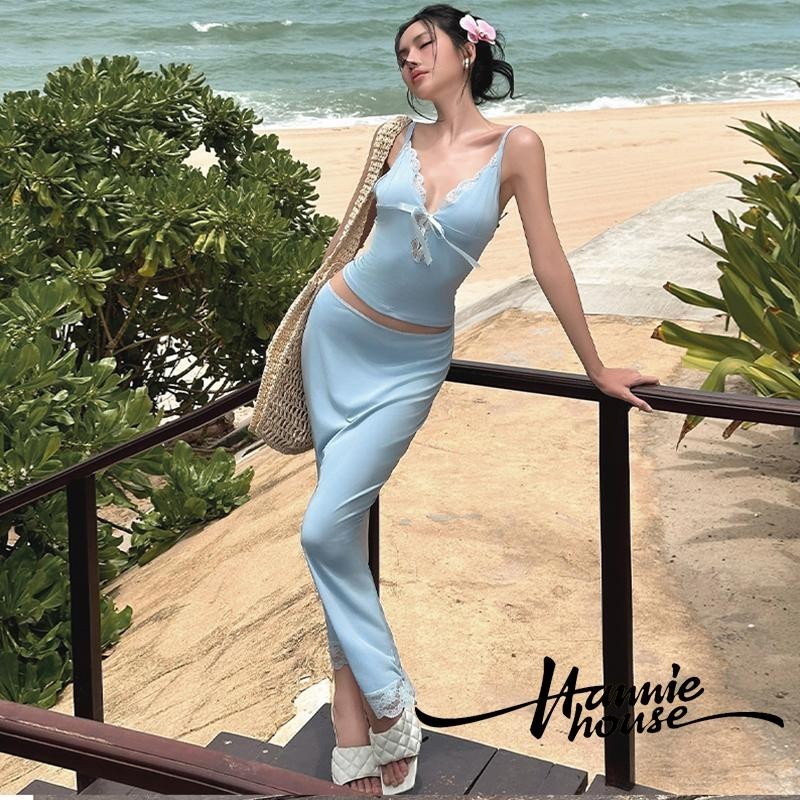 Hannie House- Womens Summer Sleeve Tie Front Tops and Long Skirt Set