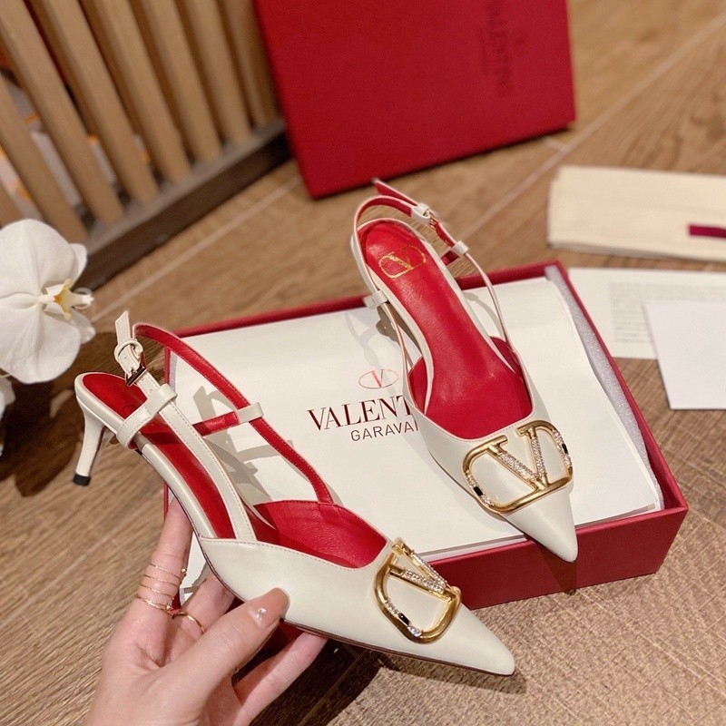 [4ซม.] Valentino ส้นสูงหนังวัวแท้นุ่มสบายความรู้สึกหรูหราฤดูร้อนระบายอากาศชี้ stiletto รองเท้าแตะ MC