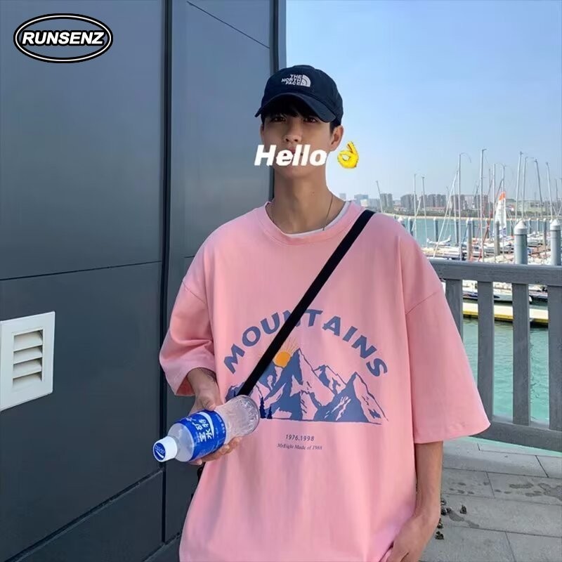 M-8xl แฟชั่นเกาหลีสีชมพูผู้ชายขนาดบวกเสื้อยืดคอกลมหลวมสบายๆ Oversize Tee