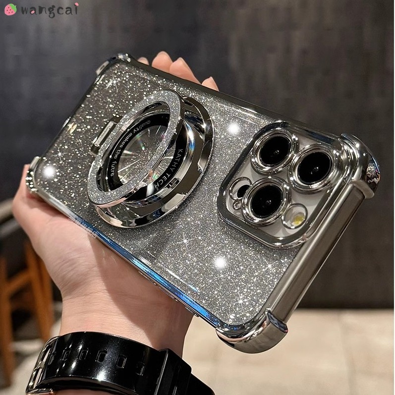 สําหรับ OPPO A3 A2 A1 Pro 5G A1s A1x A1K เคสโทรศัพท์ผู้ถือแม่เหล็กขาตั้งเลนส์ฟิล์มชุบเงา Shining Glitter หรูหราสี่มุมกันกระแทกปลอกอ่อนกรณีฝาครอบ