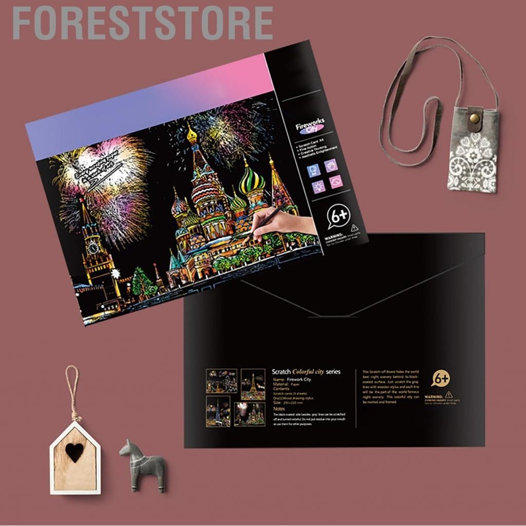 Foreststore 4 แผ่นกระดาษ DIY หัตถกรรม A4 กระดาษแข็งสีขาวภูมิทัศน์ Scratchboard ภาพวาด