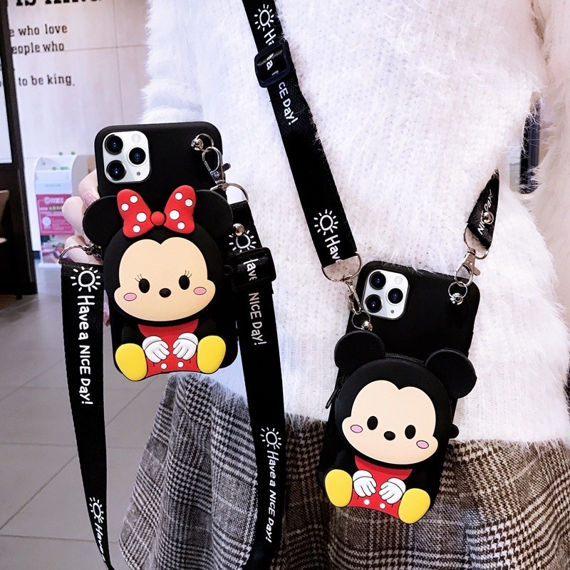 สําหรับ ไอโฟน16 16บวก 16มือโปร 16โปรแม็กซ์ มิกกี้มินนี่กระเป๋าใส่เหรียญสายคล้องกรณีโทรศัพท์นุ่มกระเป๋าสะพายปกด้วยเชือกเล็