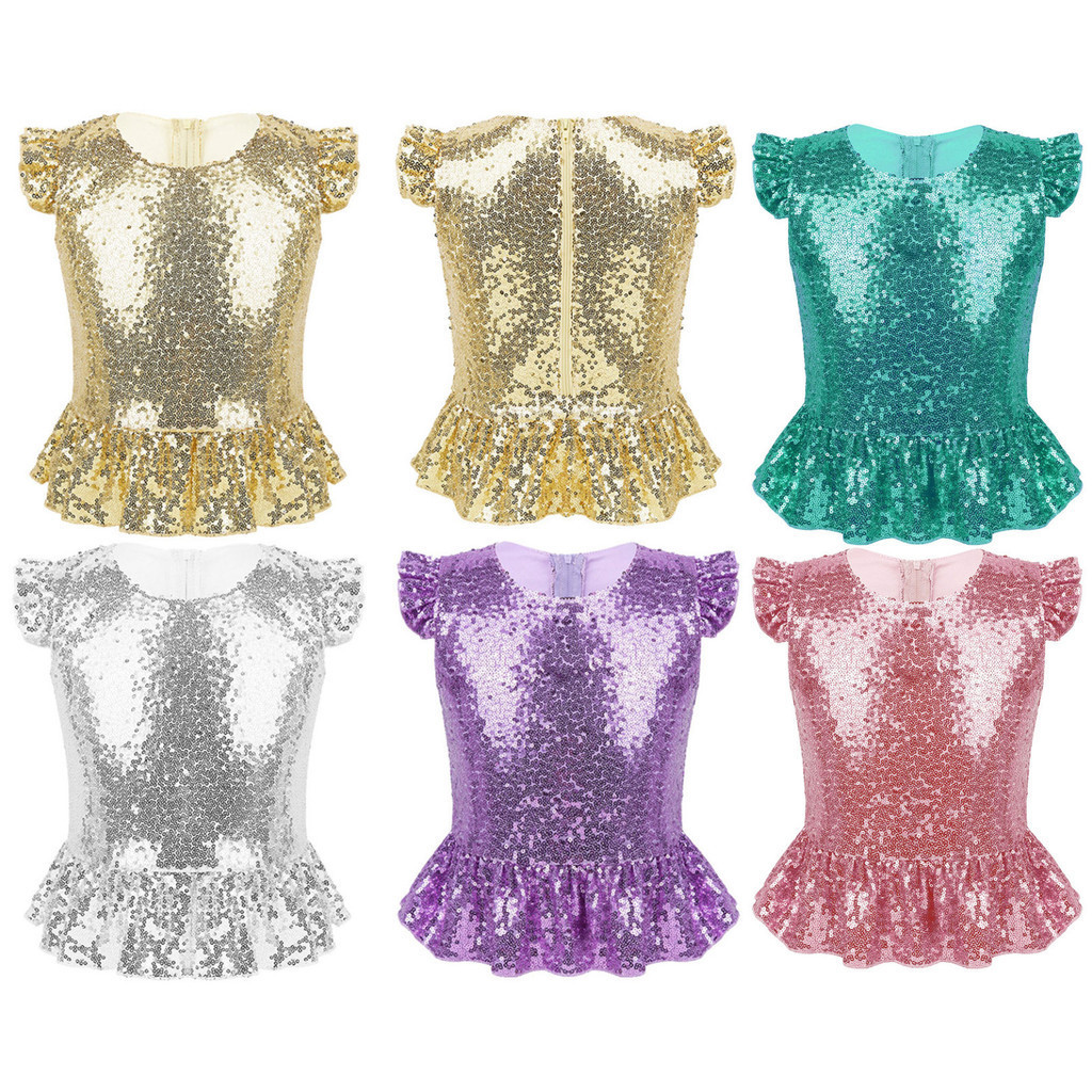 Lorilida Girls Short Sleeve Sequin Shirts Party Glitter Sparkly Peplum Top