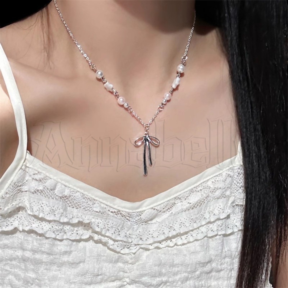 สร้อยคอจี้โบว์เงิน-สร้อยคอกระดูกไหปลาร้าโบว์ริบบิ้น-เครื่องประดับเสน่ห์หรูหราเรียบง่าย-ดาวรูปมุกเค้นคอ-เครื่องประดับแฟชั่น ย2เค - ของขวัญสไตล์ อิน เกาห