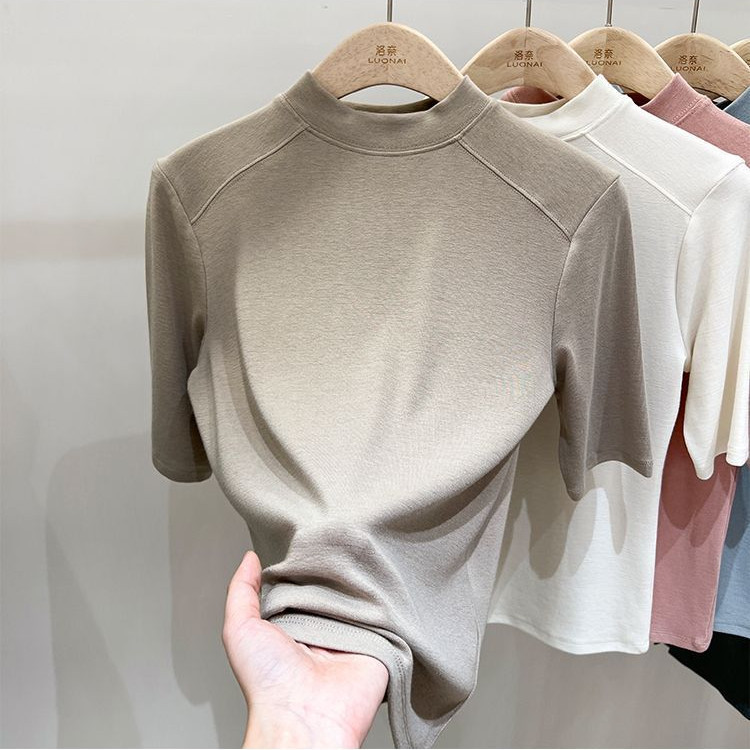 Bh ฤดูร้อนผู้หญิงคอตั้งผ้าฝ้ายเสื้อยืดกลางแขนสลิมฟิต