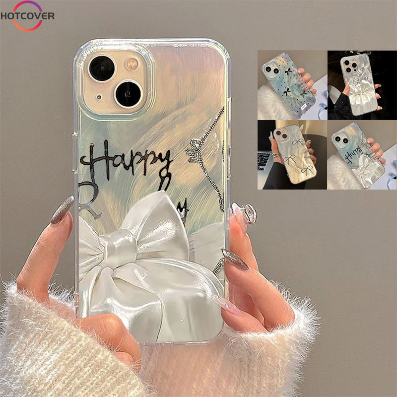 สําหรับ Vivo V30 V29 V27 V25 Pro V30e V29e V27e V25e V23e V9 S1 U10 Y85 เคสโทรศัพท์ Feather Holographic เลเซอร์กรณีสีขาวสีดํา Bowknot ฝาครอบ