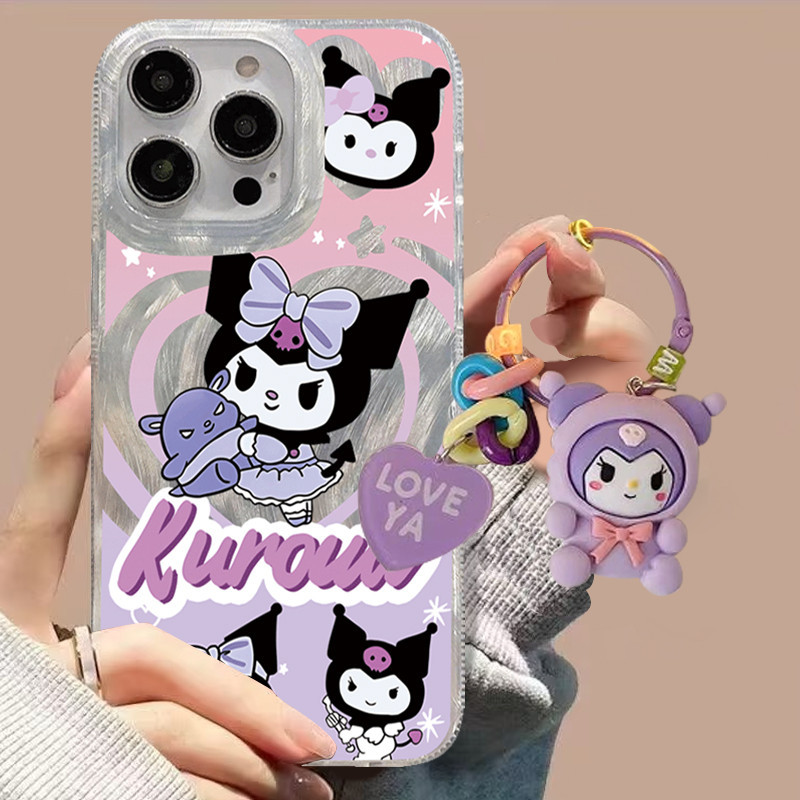 การ์ตูนน่ารักลาย Kuromi จี้หัวใจรัก ขนเส้นด้ายหรูหรา เคสOPPO A15 A9 A38 A1K A58 A3s A16K A98 A17 A31 A57 A7 A78 A15s A35