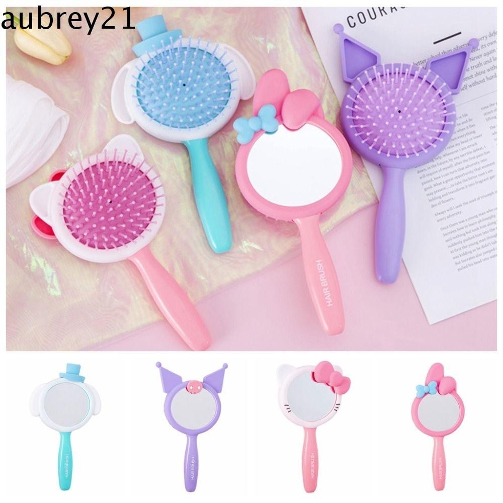 Aubrey1 ชุดกระจกหวี 2 in 1, หวีผมถุงลม Melody Kitty, หวีนวดทนทานคงที่น่ารัก Cinnamoroll ป้องกันกระจกกลางแจ้ง