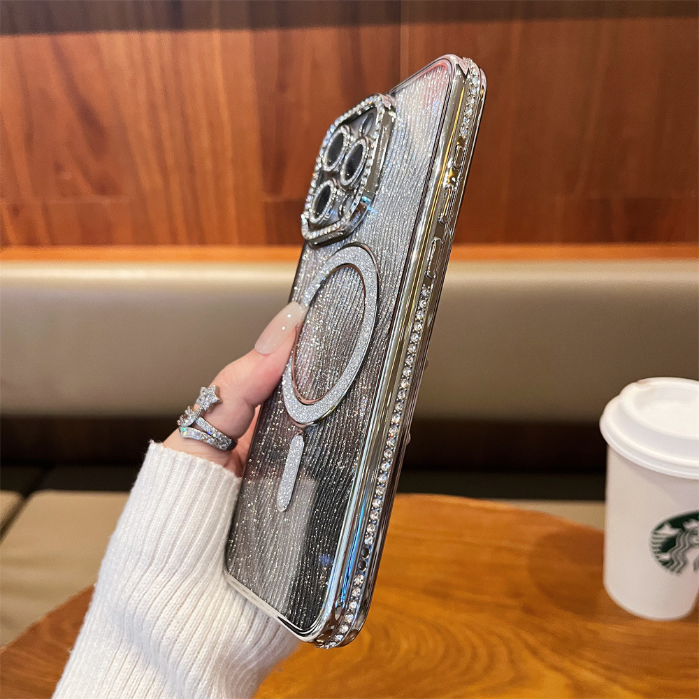 หรูหราแฟลชเพชรเคสโทรศัพท์แม่เหล็กสําหรับiphone 11 12 13 14 15 16 Pro Max 15 Plusเลนส์ป้องกันกล้องกันกระแทกTPU soft Caseเคสโทรศัพท์ป้องกัน