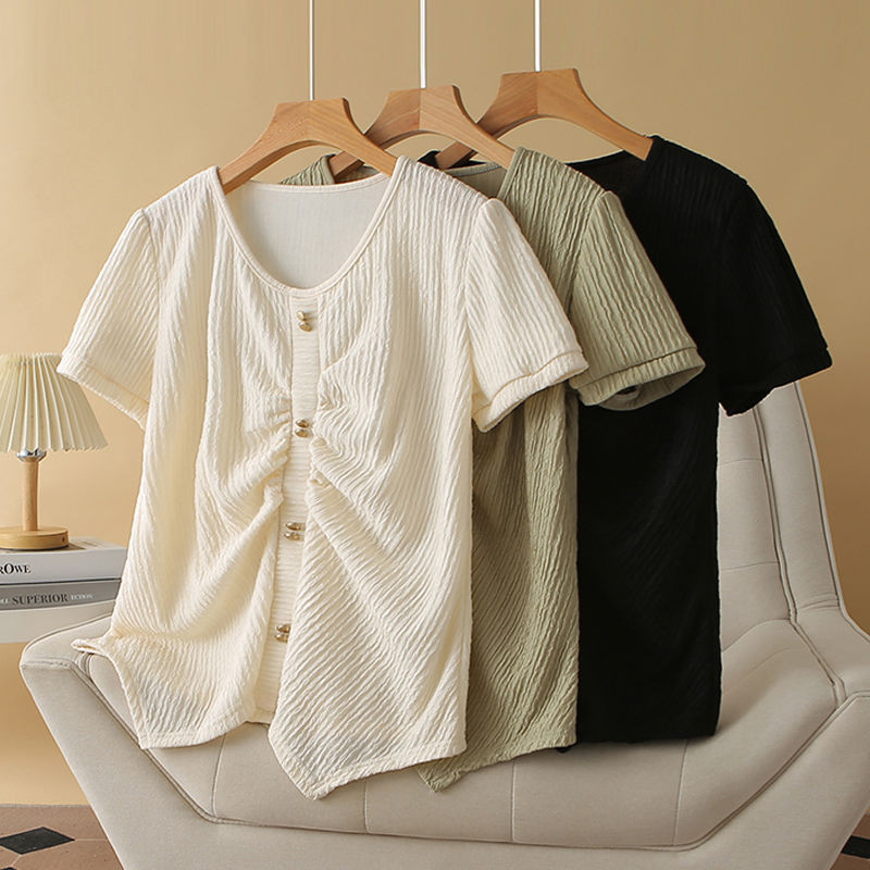 เสื้อยืดโอเวอร์ไซส์(40-150กก.) การออกแบบริ้วรอยไม่สม่ําเสมอผู้หญิงแขนสั้นด้านบนธรรมดาเสื้อยืดขนาดบวก