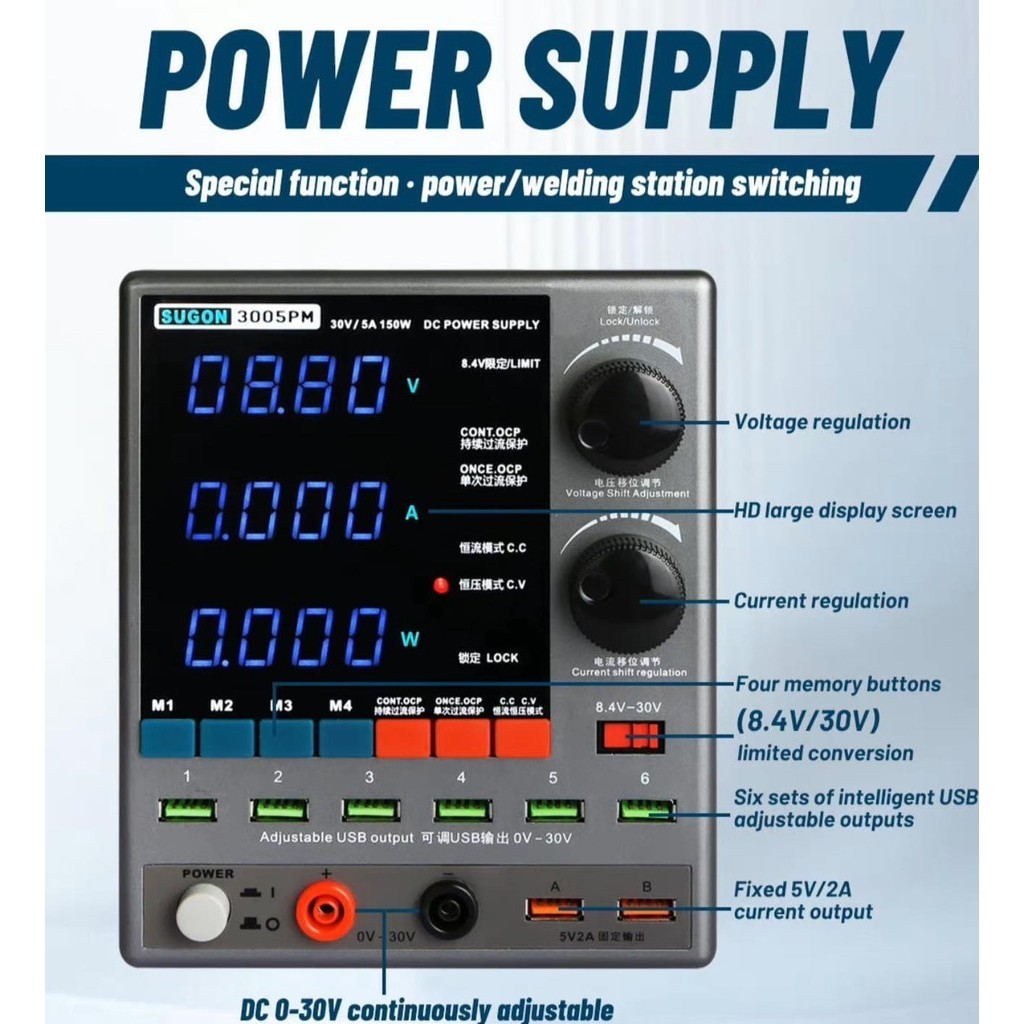 SUGON 3005PM แหล่งจ่ายไฟ DC แบบสวิตชิ่งความแม่นยำสูง พร้อมจอแสดงผล LED 4 หลัก 30V/5A