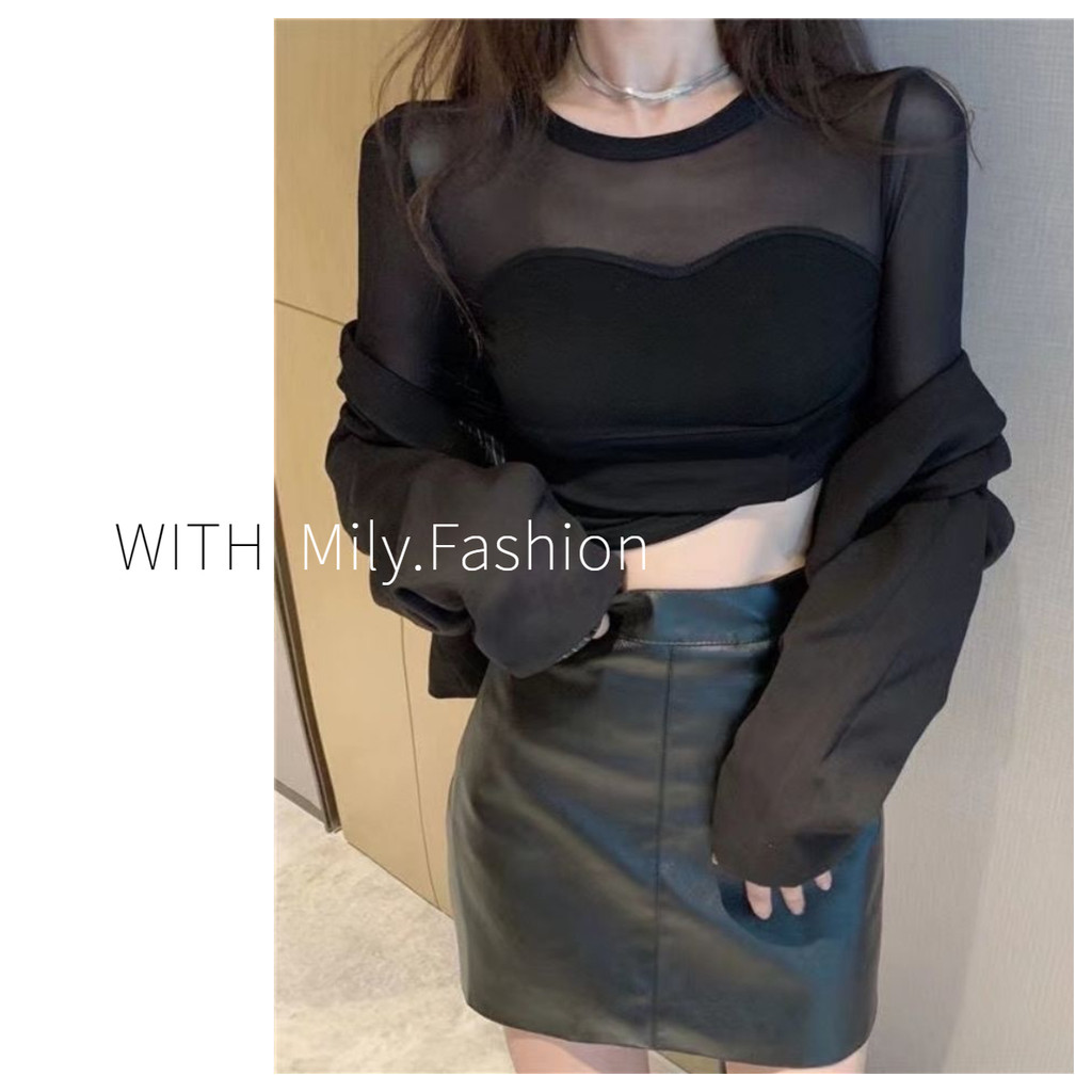เสื้อยืดแขนยาว ผ้าตาข่าย แบบเข้ารูป แฟชั่นสําหรับสตรี