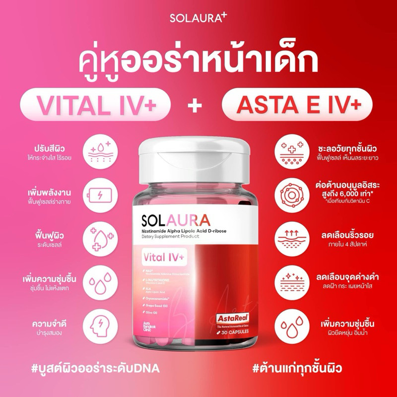 SOLAURA โซลออร่า เซ็ทวิตามินครบสูตรผิว Vital IV+ | Asta E IV+ | Ultra V Collagen คอลลาเจน บำรุงผิว ลดริ้วรอย