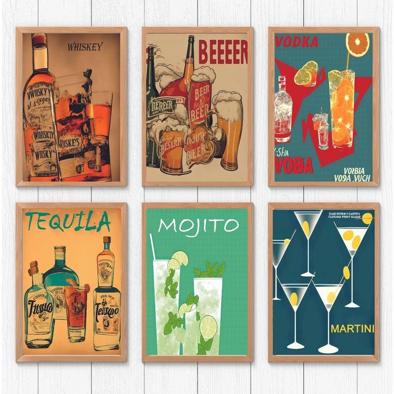 ค็อกเทลพิมพ์ Art Retro Vintage Gallery Wall Set Bar Cart Wall Art โปสเตอร์ค็อกเทลพิมพ์สีสันสดใส