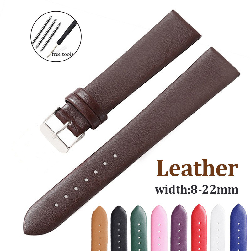 สายนาฬิกาหนังแท้ 8/10/12/14/16/18/20/22 มม. Ultrathin แบนเปลี่ยนสายนุ่มสร้อยข้อมือข้อมือกันน้ํา