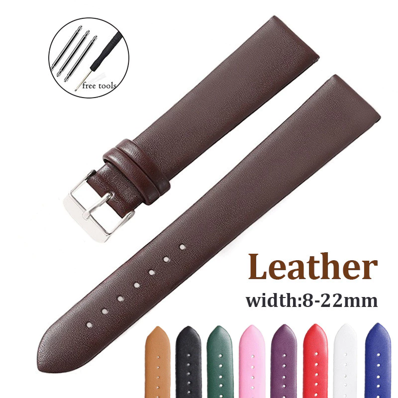 สายนาฬิกาหนังแท้ 8/10/12/14/16/18/20/22 มม. Ultrathin แบนเปลี่ยนสายนุ่มสร้อยข้อมือข้อมือกันน้ํา
