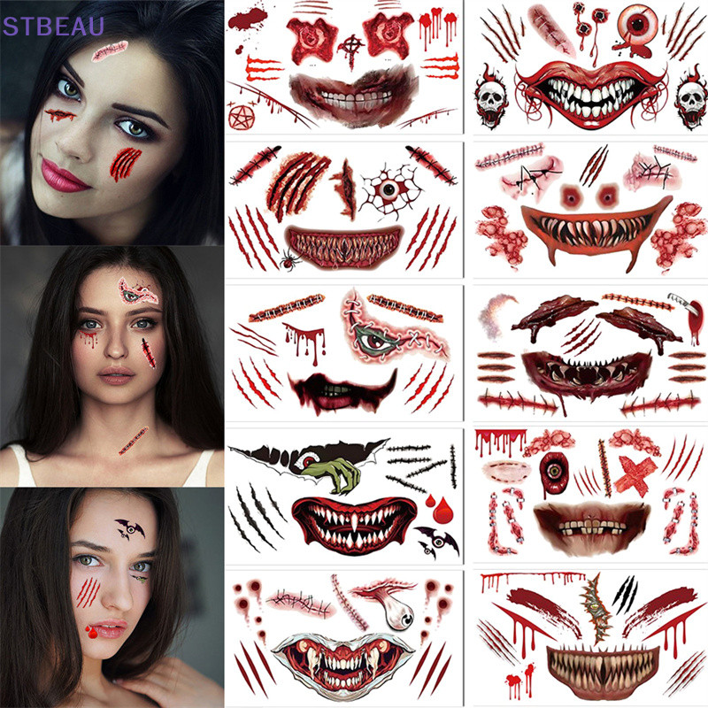 [cxSTBEAU] 10ชิ้น/เซ็ตฮาโลวีนสติกเกอร์รอยสักแผลที่น่ากลัวแผลเป็นน้ําโอนสติ๊กเกอร์กันน้ําฮาโลวีนเล่นตลกแต่งหน้าพรรค พี เชือก MME